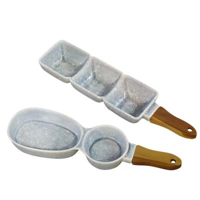 China Sustainable Lightweight Luxury Creative Blue Ceramic Fruit Bowl Dish Snack Dip Trays With Wooden Handles for sale