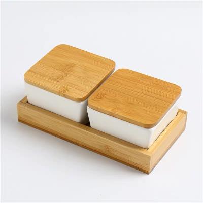 China Sustainable Nordic Modern Snack Fruit Tray Set Ceramic Snack Dish Tray Square Bowls Dish With Wooden Lid for sale