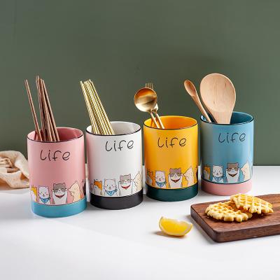 China Household Household Ceramic Dish Rack Cutlery Storage Holder Cartoon Cat Cartoon Chopstick Holder for sale