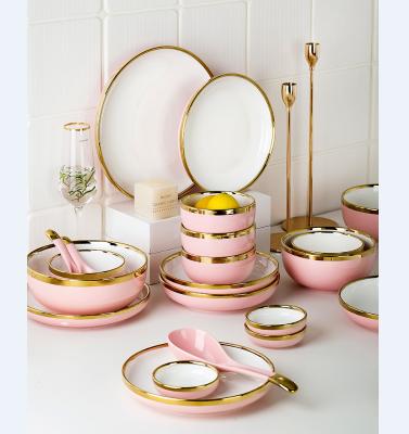 China Sustainable Luxury Bowls And Dishes Set Ceramic Dinnerware Sets Restaurant Pink With White Ceramic Dinnerware Sets With Gold Rim for sale