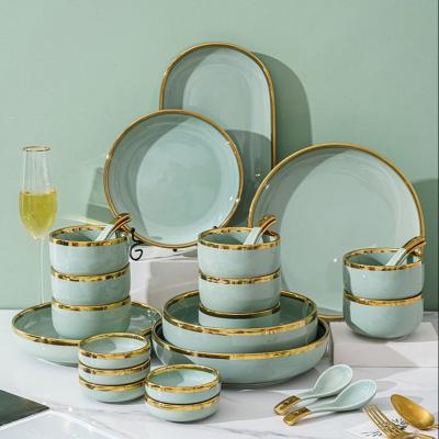 China Sustainable New Design Light Green Gold Plated Porcelain Dinnerware Bowls And Splint Ceramic Dishes Sets Dinnerware For Party for sale