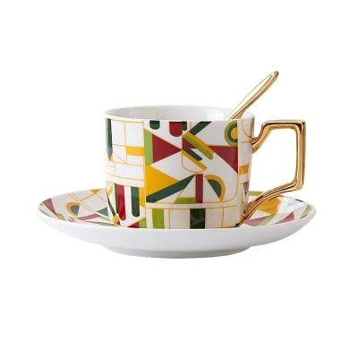 China European Gold Plated Geometric Ceramic Coffee Cups And Saucers Viable Style Coffee Cup Saucer Gold Coffee Set for sale