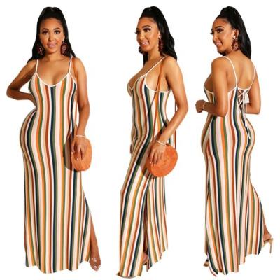 China Anti-wrinkle multicolor striped cotton casual dress lace up satin maxi dress woman dresses new arrivals 2022 for sale