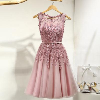 China 2022 Anti-Static Hot Selling Elegant Knee Length Women Girls Dresses Light Blue Red Pink Pearl Appliques Formal Party Dresses for sale