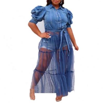 China 2022 Anti-Static Hot Selling Denim Tops T-shirt Patchwork Mesh Tulle Skirt Blue Puff Sleeve Plus Size Women's Dresses for sale