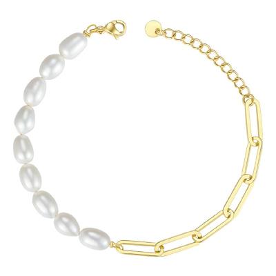 China HOT Chain Natural Pearl Stitching Trendy 18K Gold Plated Stainless Steel Jewelry For Woman Bracelets Gift B192069 for sale