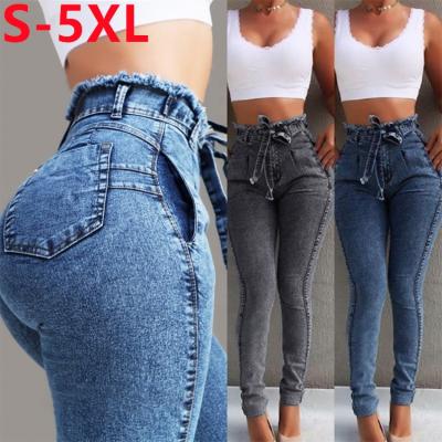 China Custom 2022 workable plus size women's long pants jeans for high waist simple thin elastic ladies waistband women's denim pants for sale