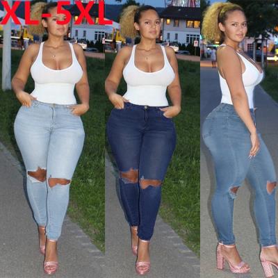 China 2022 Fashion High Waist Custom Made Denim Viable Slim Pants Zipper Stretch Women's Fat Pencil Ripped Plus Size 5XL 3 Color Pants Jeans for sale