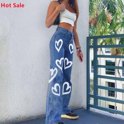 China New QUICK DRY ladies personality jeans pants for women graffiti heart print loose straight wide-leg high waist women's denim pants for sale