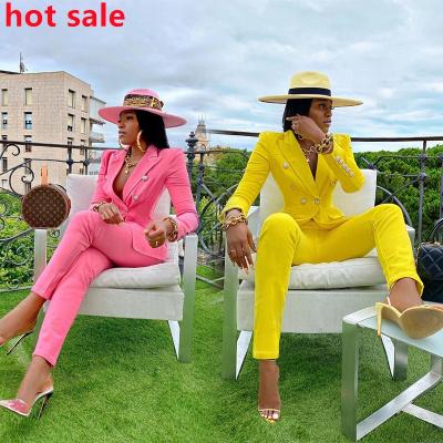 China Wholesale 2021 New Fashion Women's Suits Anti-wrinkle Solid Color Long Pants Casual Two Piece Blazers Set For Women for sale