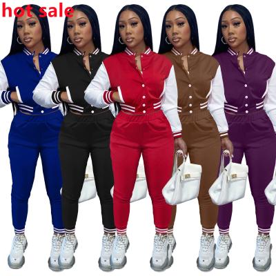 China 2022 QUICK DRY Women's 2 Piece Pants Jogger Sets For Fashion Ladies Crop Women Top Striped Baseball Coats Long Sleeve Jackets Suit for sale