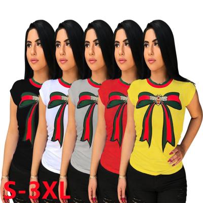 China 2022 Fashion Custom Anti-wrinkle Summer Casual T-shirt For Women Tops Designer Famous Women's Bee O-Neck Bowknot T-shirt Print Short Sleeves for sale