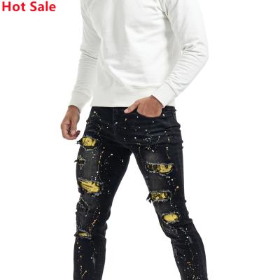 China New Breathable Custom Men's Jean Pants For Men Paint Street Style Slim Hole Patched Fashion Man Black Ripped Loose Jeans for sale