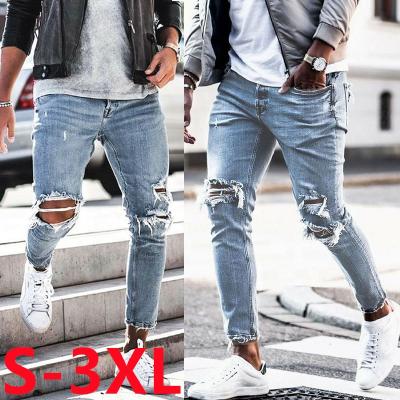 China 2022 Viable Popular Wholesale Skinny Jeans Pants For Men Streetwear Destroyed Ripped Masculine Men's Broken Hole Denim Pencil Pants for sale