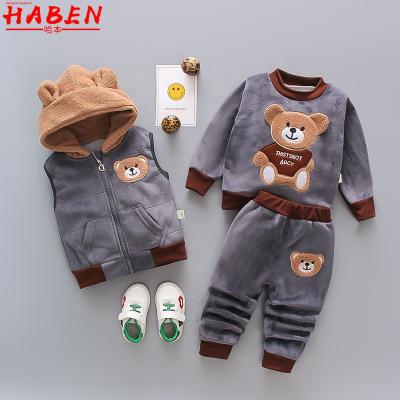 China Wholesale casual 3 piece baby boy set velvet sweater bear patch pants hooded children vest winter warm gear girls and boys for sale