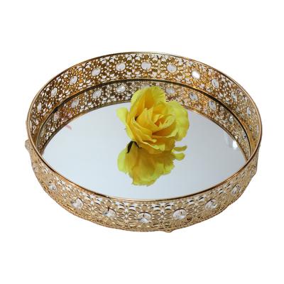 China Fashional Multi-size Crystal Cosmetic Makeup Jewelry Trinket Round Metal Mirror Tray For Home Decoration for sale