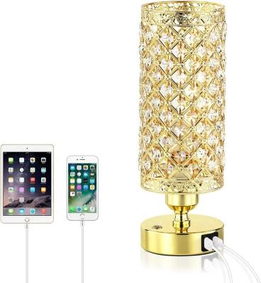 China Three Way Crystal Bedside Table Lamp 3 Color Options USB AC Outlet Nightstand Left Fill Lamp With Crystal Shade Bedroom Decor Light for sale