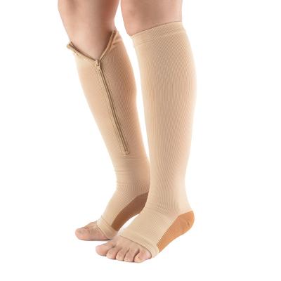 China Breathable Custom Medical Copper Open Knee Logo Zipper High Side Compression Socks For Women Men for sale