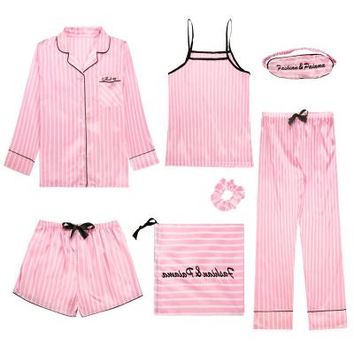 China QUICK DRY 7 Piece Women In Pajamas One Set Sets Pajamas Silk Striped Women Sleepwear Set for sale