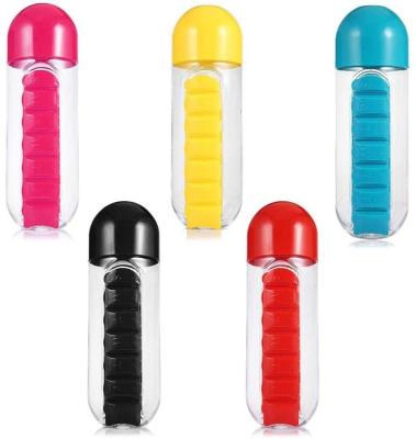 China PC+PP 7 Day Pill Organizer Case Water Bottle Pill Box With 7 Day Pill Bottle Dose Drinking Push Button With Time Capsule Form 600ML for sale