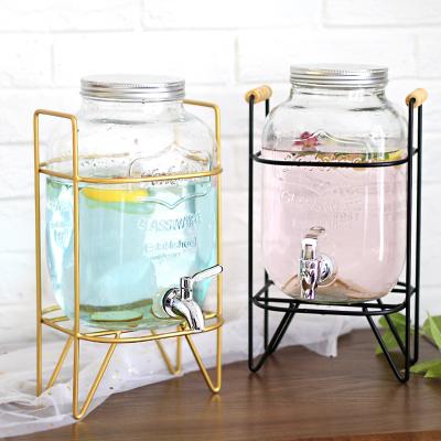 China Wholesale Clear Glass Beverage Bottle Food Grade Beverage Dispenser And Mason Jar With Metal Stand And Glass Tap for sale