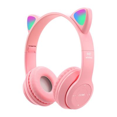 China Pink Cute Cat Ear Phone Earphone 400mah Amazon Portable Stereo Sound Cartoon Portable Earphones Radio for sale