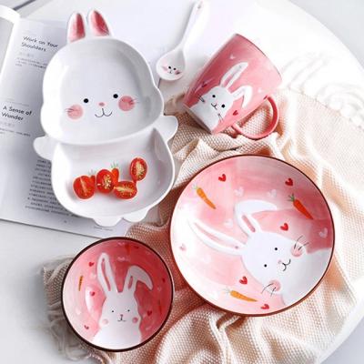 China Viable Creative Animal Ceramic Dinner Sets Household Cartoon Dish Bowl Cup Set Kids Tableware Wholesale Set for sale