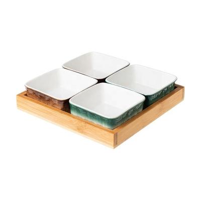 China Sustainable Grain Stone Texture Bamboo Tray White Snack Plate Blue Porcelain Square Dish With Wooden Tray Ceramic Food Serving Tray for sale