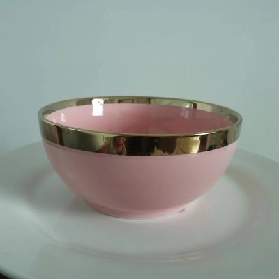 China 4.5 Inch Salad Bowl Nordic Style Viable Pink Light Household Style Luxury Delicate Gold Edge Ceramic Bowl for sale