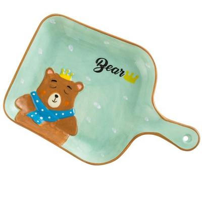 China Cute Japanese Style Fruit Baby Porcelain Viable Dish Tray With Handle Kids Ceramic Baking Dish for sale