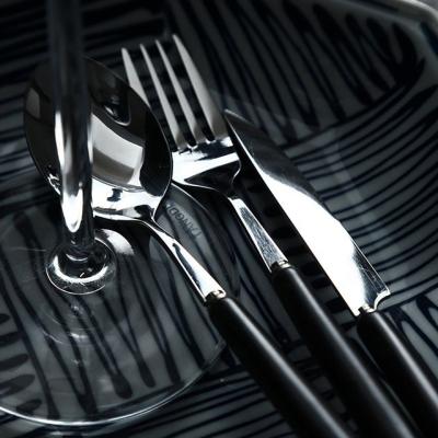 China Viable Luxury Design Dessert Matte Black Spoon Fork and Fork Gold Cutlery Set for sale