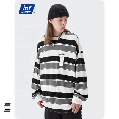 China Wholesale Contrast Striped Crew Neck QUICK DRY Retro Striped Long Sleeve Unisex Korean Couples T-Shirt for sale