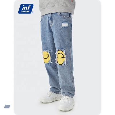 China Breathable Vintage Smile Printing Wholesale Straight Street Wear Washed Ripped Jeans for sale