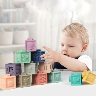 China YXT-BT- 01 Sample 12pcs Bath Cube Toys Baby Educational Chewable Teether Free Silicone Building Blocks for sale