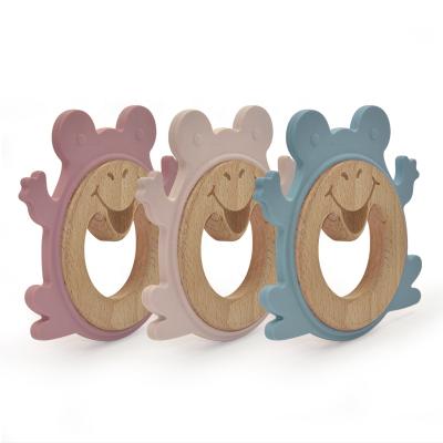 China YXT-BT-102 BPA FREE Chewable Beech Animal Train Fun Teething Wooden Baby Toy Teether With Silicone Ring for sale