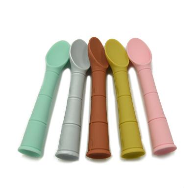 China Viable hot sale YXT-BS-01 can be Custom LOGO Wholesale Fashion Design BPA free colorful bamboo spoon shape silicone baby spoon for sale