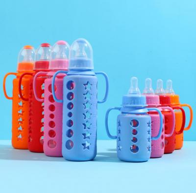 China 120ml 240ml Cheap Price YX-BB-08 Baby Bpa Free Glass Baby Feeding Bottle With Handle And Silicon Cover Baby Milk Bottle for sale