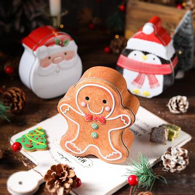 China Food Shaped Tin Box Cookie Tin Box Gingerbread Man Santa Claus Tin Can Candy Chocolate Christmas Packaging for sale