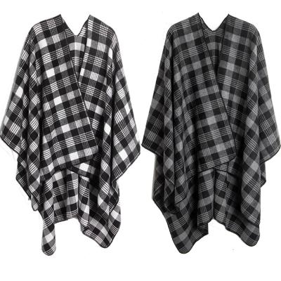 China Warm Pattern Front Open Poncho Women Plaid Wrap Shawl Thick Oversized Cashmere Winter Ladies Cardigan Poncho Vintage Poncho for sale