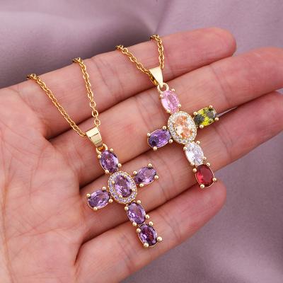 China YJ22NL37-5 FASHIONABLE Gold Plated Jesus Rainbow Zircon Cross Pendant Women Choker Necklace for sale