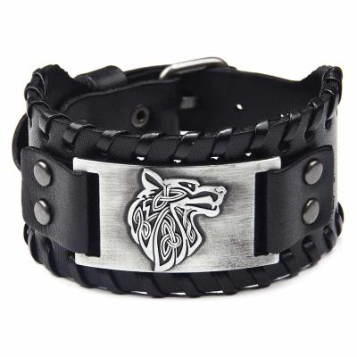 China Others Fashion Hot Style Men's Wide-skin Alloy Wolf Head Bracelet Leather Bracelet for sale