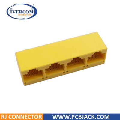 China Unshielded Female PCB Multi Ports RJ45 1*4 Network Connector Yellow for sale