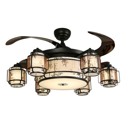 China Chinese style rustic summer metal ceiling light retractable black fan with folding blades for living room fan for sale