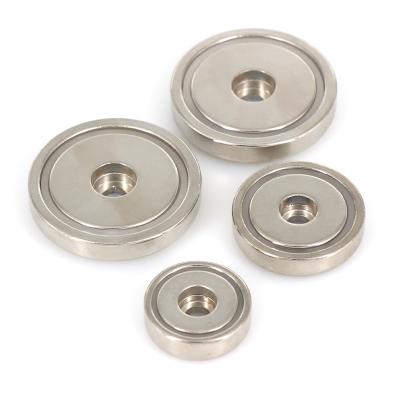 China Industrial Strong NdFeB Shallow Round Base Magnet Neodymium Pot Magnet Holder Permanent Fastener With Straight Hole for sale