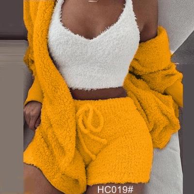 China Home Dress Women's Clothing Europe and the USA Winter Plush Home Open 3 Piece Set Casual Navel Long Pajama Sleeve Vest Shorts for sale