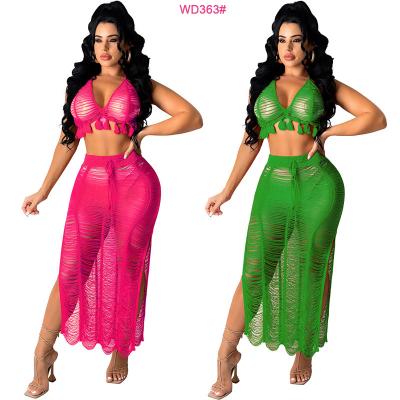 China 2022 New Summer Women Anti-Static Sexy Perspective Tzitzit Knit Beach Skirt 2 Piece Set Factory Wholesale for sale