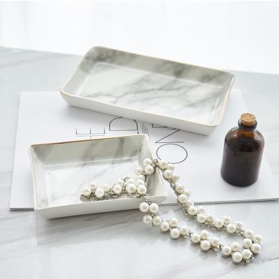 China INS Luxury Western Fashionable Marble Ceramic Dish Handmade Gold Jewelry Dish for sale