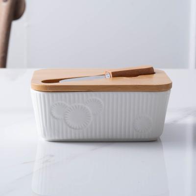 China Viable Butter Keeper White Box Rectangle Ceramic Butter Dish With Wooden Lip And Knife LOGO Customized Acceptable for sale