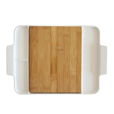 China Viable Popular Rectangle Kitchen Ceramic Serving Tray Cheese Cutting Chopper With Bamboo Base for sale