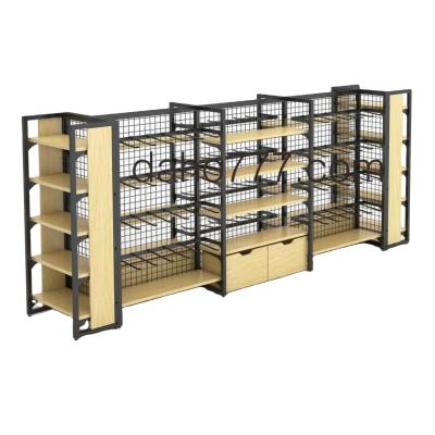 China Wholesale Double Sided Wooden Supermarket Shelf Miniso Display Gondola Double Side Display For Shop Shelving for sale